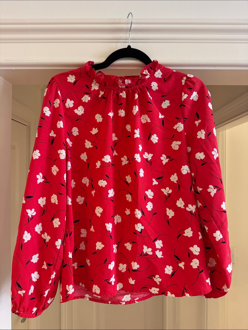 J. Crew Red Floral Ruffle-Neck Blouse